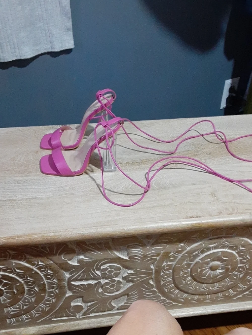 PrettyLittleThing Hot Pink Lace-Up Clear Block Heel Sandals - Picture 2 of 6